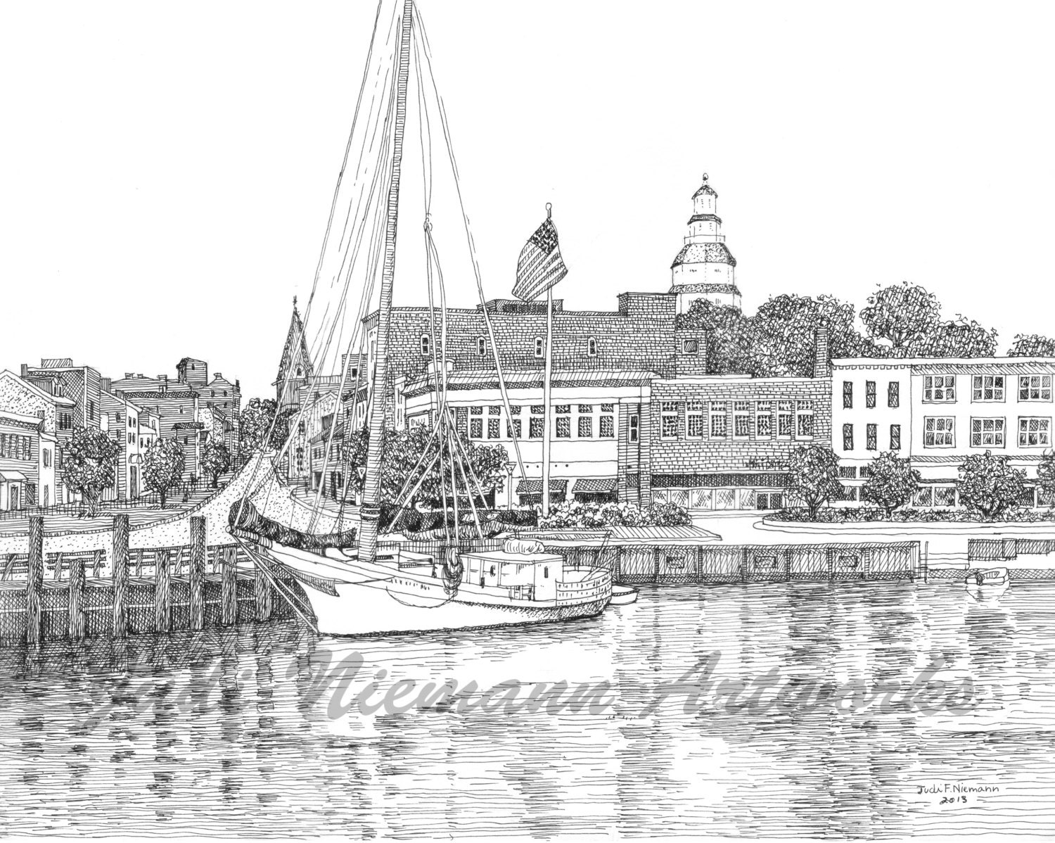 Annapolis Harbor artist US Naval Academy Print original Ink