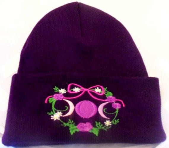 Machine beanie color Moon Embroidery   Hat Plum beanie Beanie machine hat Triple Wiccan embroidery