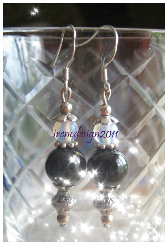 Beautiful Silver Hook Earrings with Black Onyx & White Opal