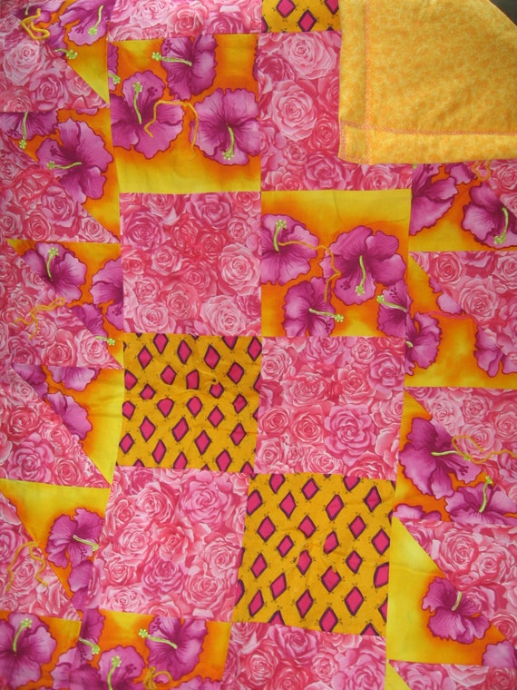 Items similar to Pretty Pink and Yellow Baby Quilt Hawaiian Flowers and