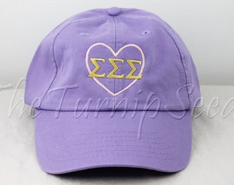 Sigma Sigma Sigma Sorority Baseball Cap - Pink Heart with Greek Letters