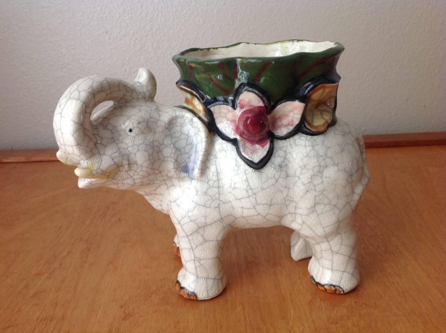 White Ceramic Elephant Planter with Lucky Trunk by CharsGoodStuff