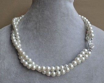 white pearl Necklaces,Glass Pearl Necklace,ivory pearl necklaces,two strangs Pearl Necklace,Wedding Necklace,bridesmaid necklace,Jewelry