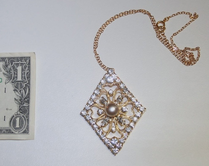 Vintage Necklace Pendant Czech Rhinestones Faux-Prarl Gold Plated