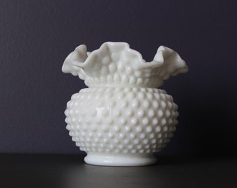 Vintage Fenton Hobnail Milk Glass Ruffled Vase