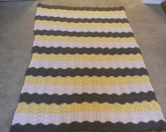 Chevron Zigzag Crocheted Afghan for Wedding/Housewarming/Retirement/Graduation/School/Etc. in Yellow/White/Gray, Brown/Ivory/Blue or Choice