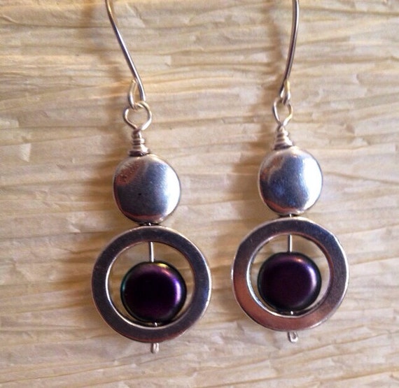 Silver hoop earrings with iridescent Czech purple glass beads