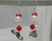 White Potato Green Keishi Freshwater Pearls & Red Crystal Bead Dangle Earrings D04