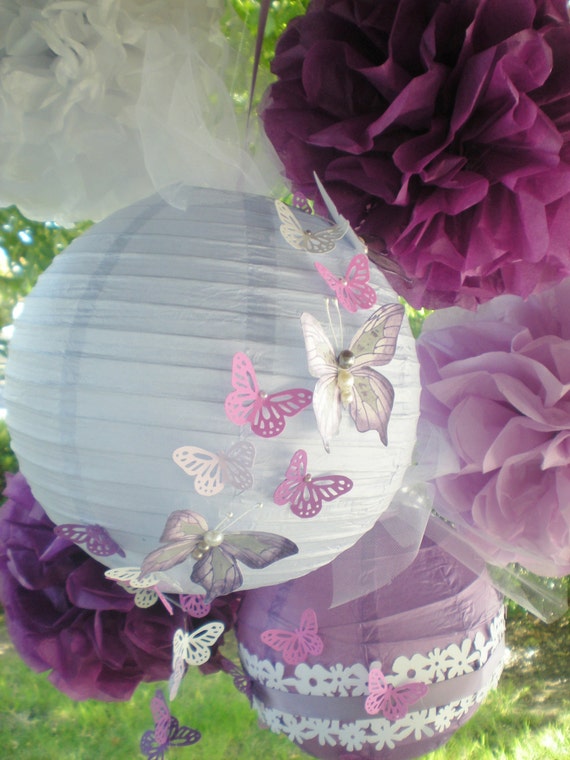 Purple pom poms and paper lanterns radiant orchid with hand-painted butterflies, set of 4 pom poms and two lanterns