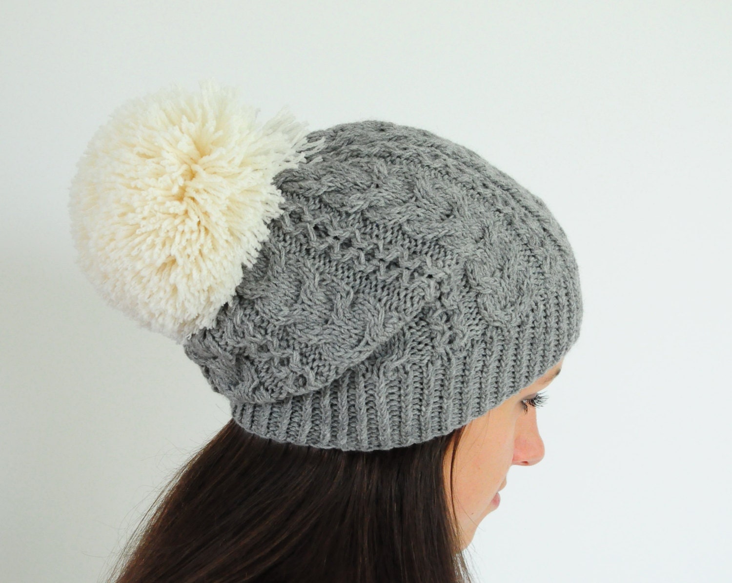 hat pom pom grey Cable Grey Pom Beanie huge by Pom Knit Hat SOVAknits Pom Pom with