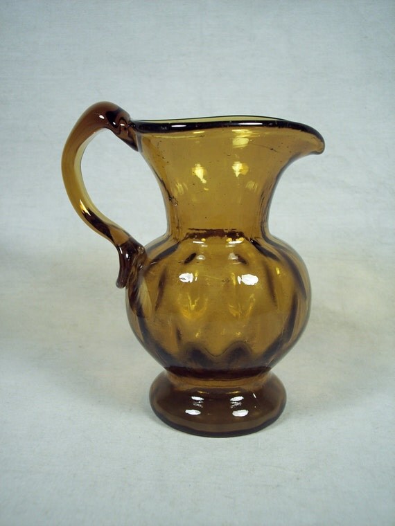 Hand Blown Amber Art Glass Pitcher Rough Pontil 5 High