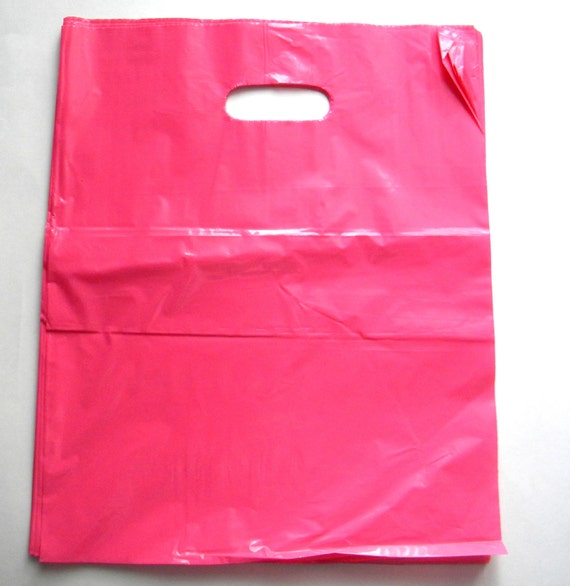 100 Hot Pink Plastic Shopping Bags Gift Bags by