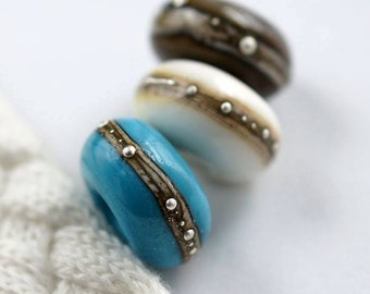 Trio of large hole beads with silver/ Big hole beads set/ European charm bracelet / Silvered beads