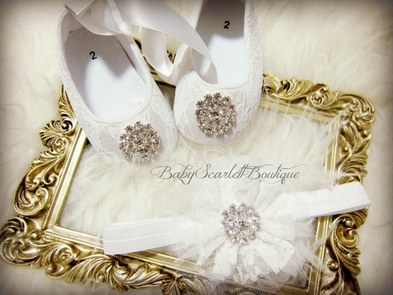 White Lace Baby Girl Shoes,Soft Sole Shoes with Headband Set