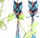 Bright southwestern color owl  macrame earrings with blue moonstone eyes and beaded fringe