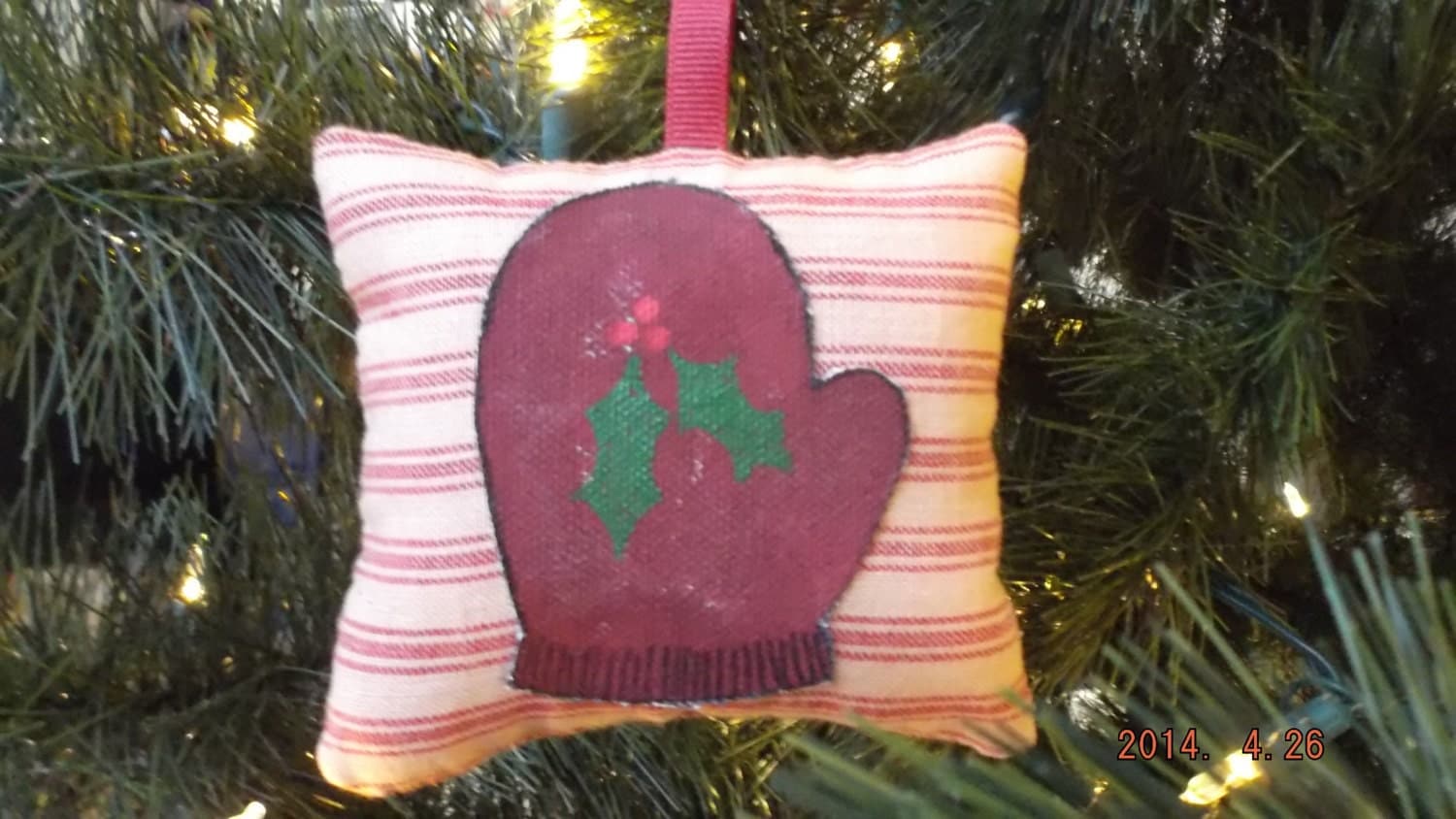 Primitive Burgundy Mitten with Holly Stenciled Pillow Christmas Tree Ornament FREE SHIPPING!