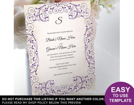 Purple vintage scroll Invitation Template by YourWeddingTemplates