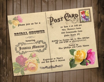 Vintage Flowers Post Card Bridal Shower / Baby Shower / Birthday Invitation - Printable, Digital File, DIY