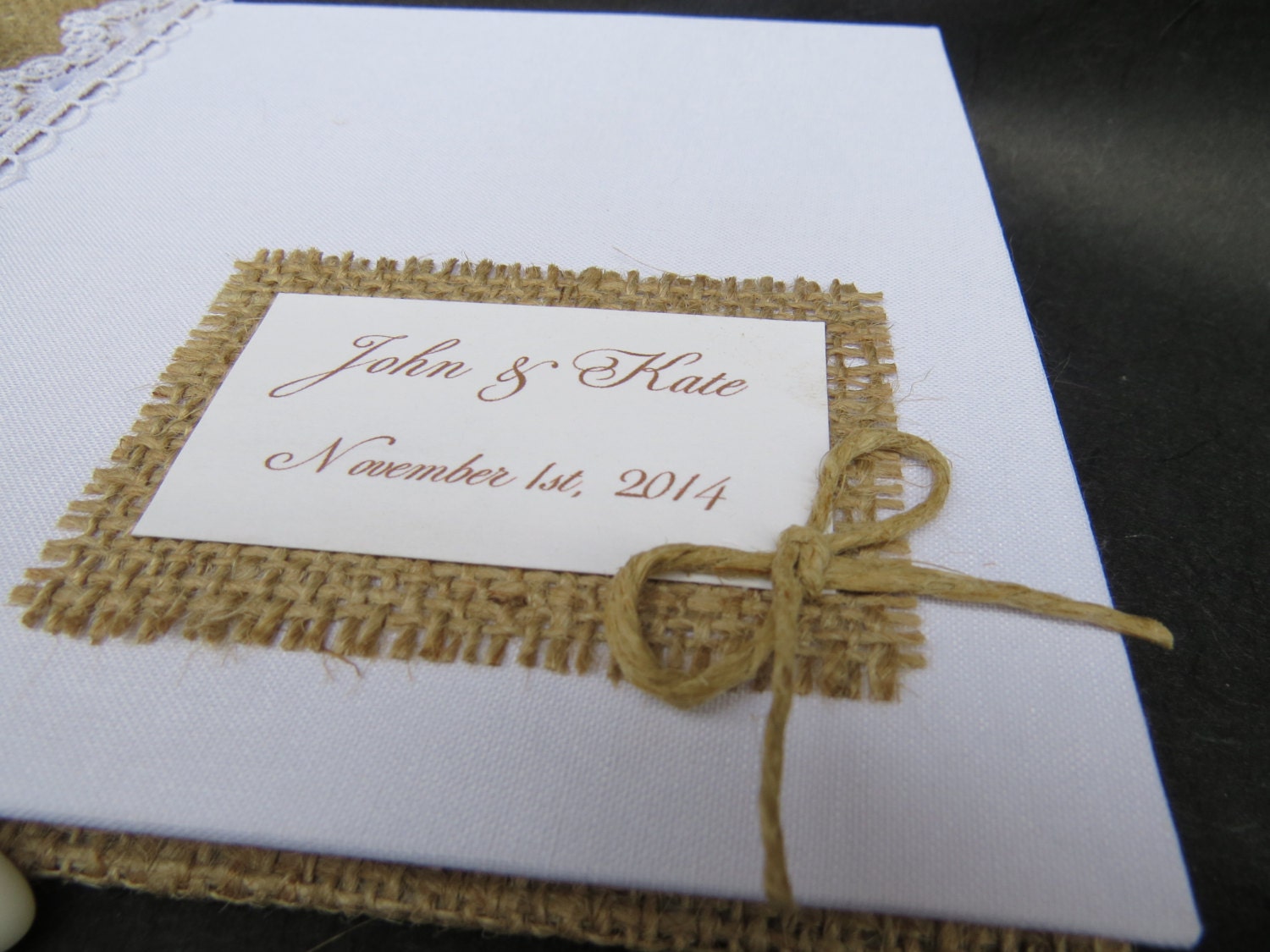 Vintage guestbook Lace burlap and linen fabric Rustic guest