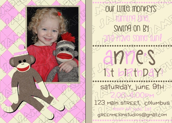 Sock Monkey argyle boy or girl birthday printable invitation any colors UPrint customized card by greenmelonstudios Il_570xn