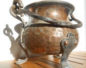 Mini copper and iron cauldron, witches cauldron, handmade vintage French home decor.