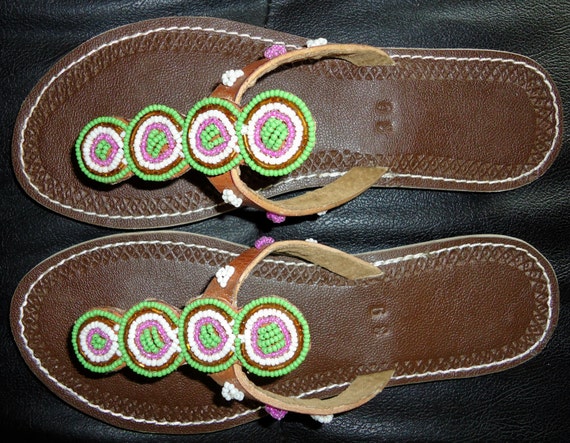 African Colours Beaded Leather Sandals Flip-Flops- Style-No.06