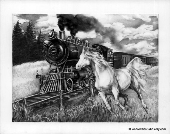 Galant Horse and Train Scene Art Print from Original Pencil Drawing