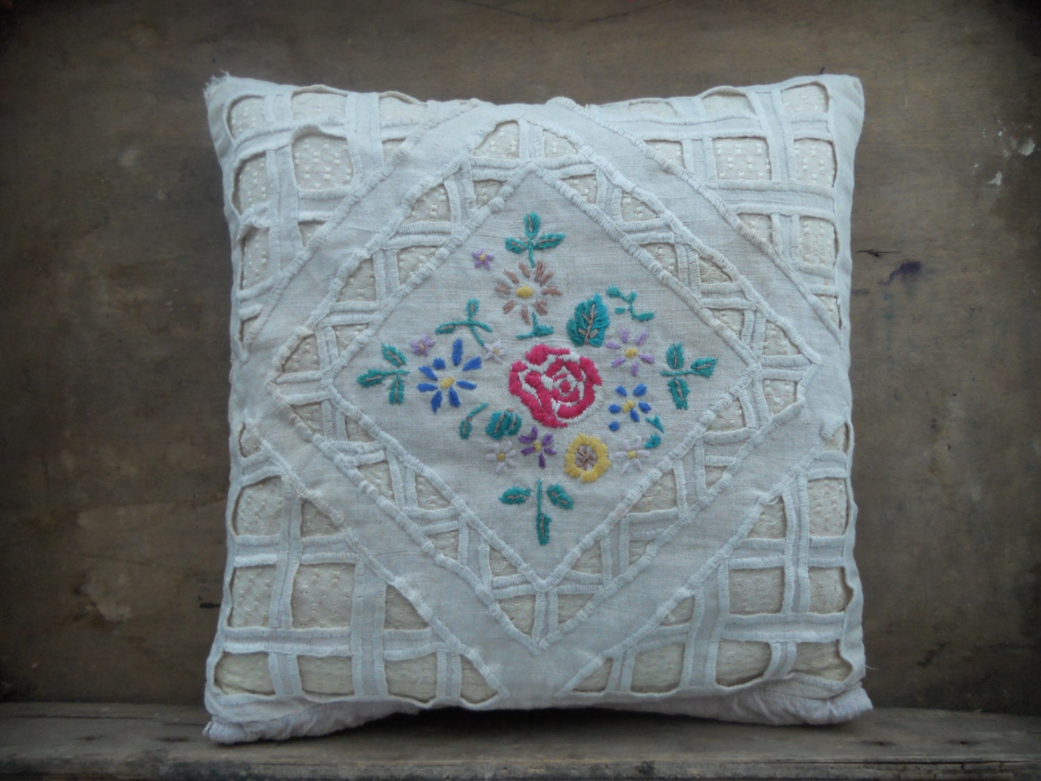 Antique embroidered pillow case Floral pillow by TextilesVintage