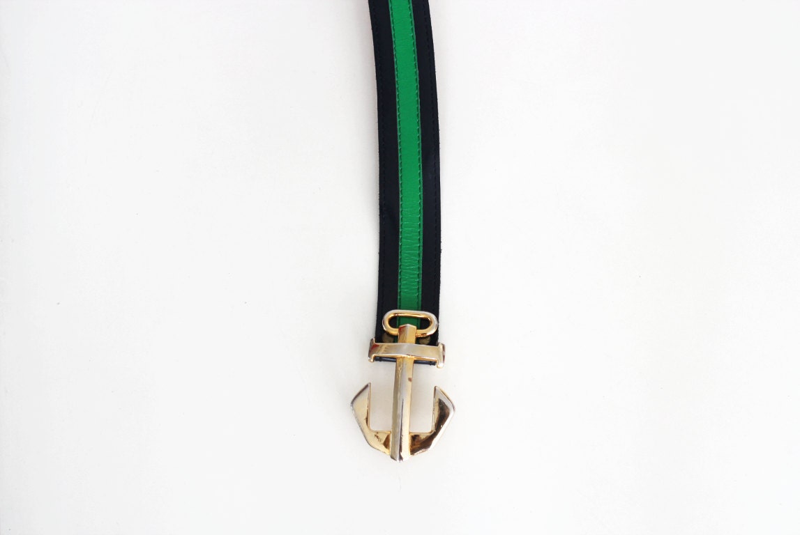Elegant vintage belt high waist navy blue and green two-tone leather ...