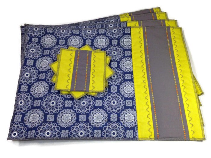 Blue Yellow Placemats Quilted Table Linens Set of 4 by ModernArras
