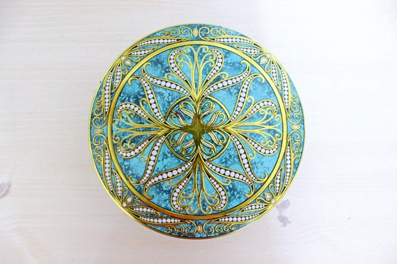 Vintage Tin - Gold Teal White - Ornate Design with Hearts - England - Blue Green Aqua Turquoise - Candy Dish - Trinket Storage