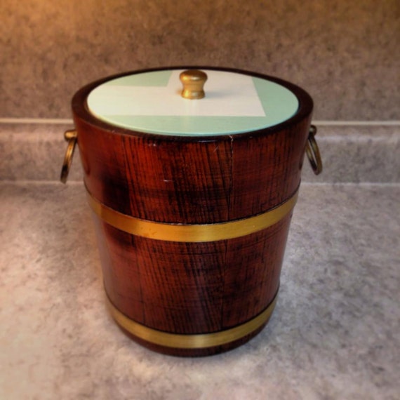 Items similar to Vintage Wooden Ice Bucket with Mint Chevron & Gold Lid