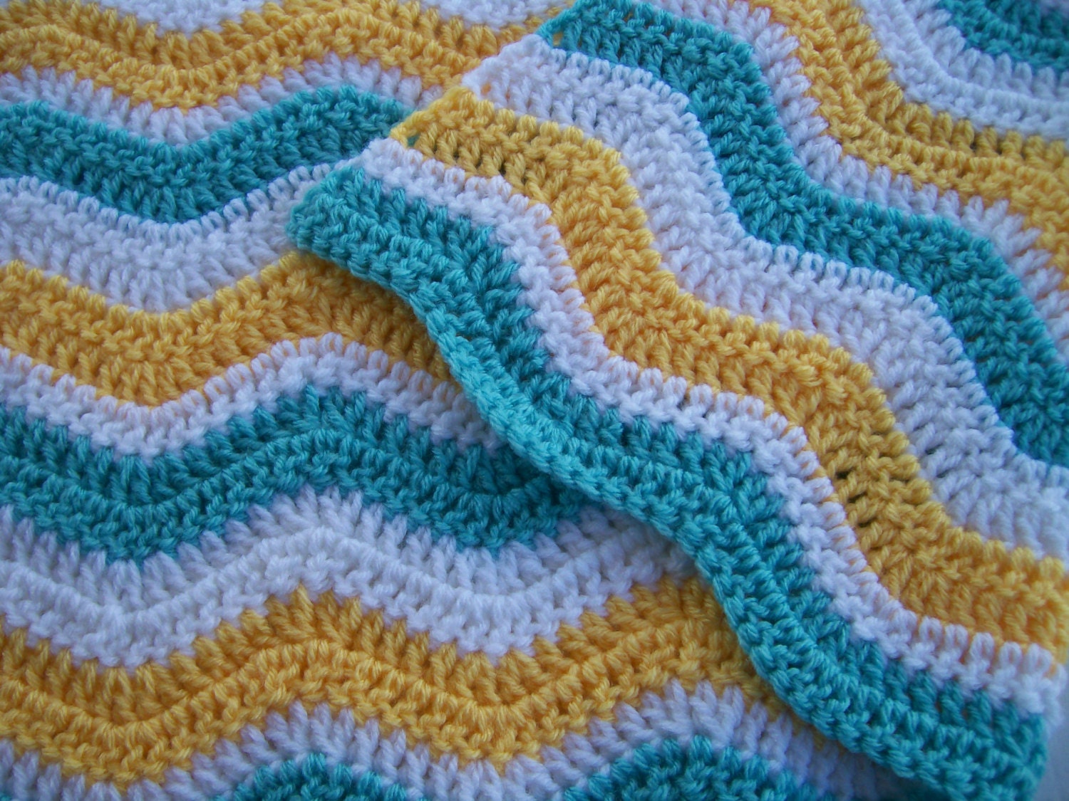 Crocheted Ripple Baby Afghan in Aqua Yellow and White