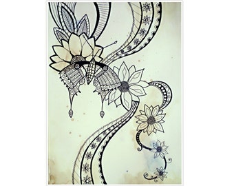 Butterfly and Flowers Watercolor and Sharpie Drawing