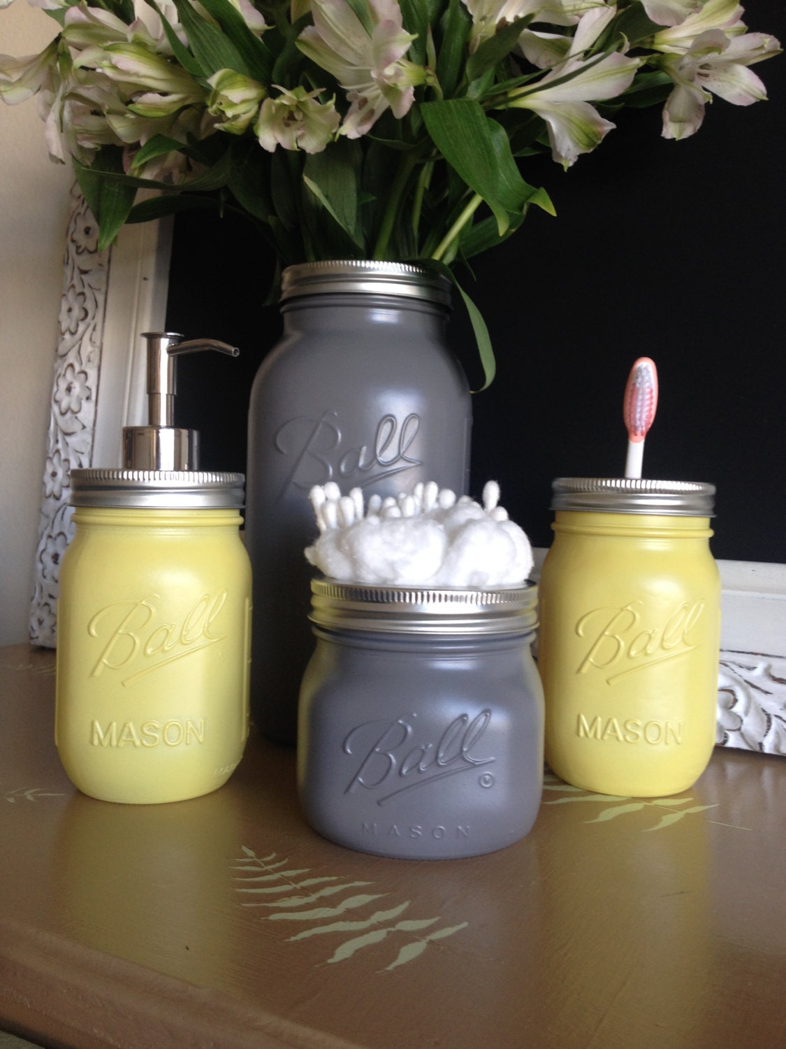 Gray and Yellow Mason Jar 4pc Bath Set