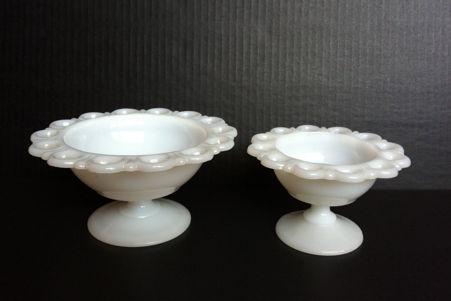 Vintage Mid Century Milk Glass Compote Candy Dishes with Lace Edge. Set of 2. Beautiful White