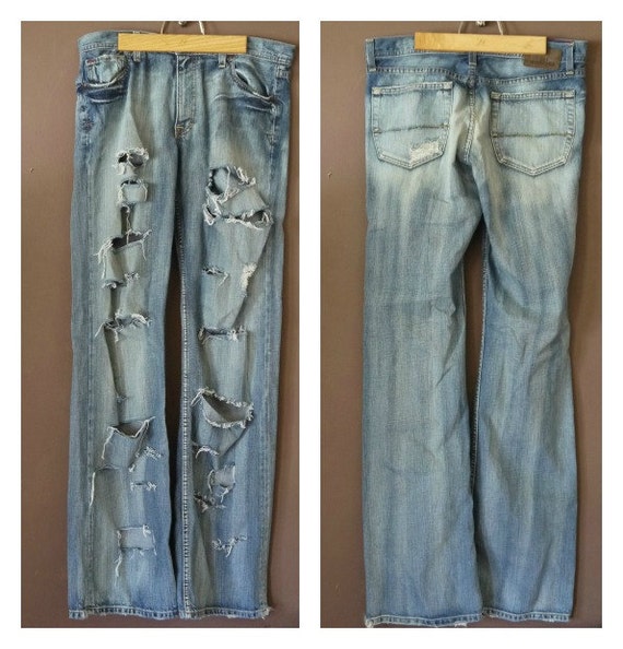 Revamped BKE Blue Washed Denim Fabric Bleached Ripped