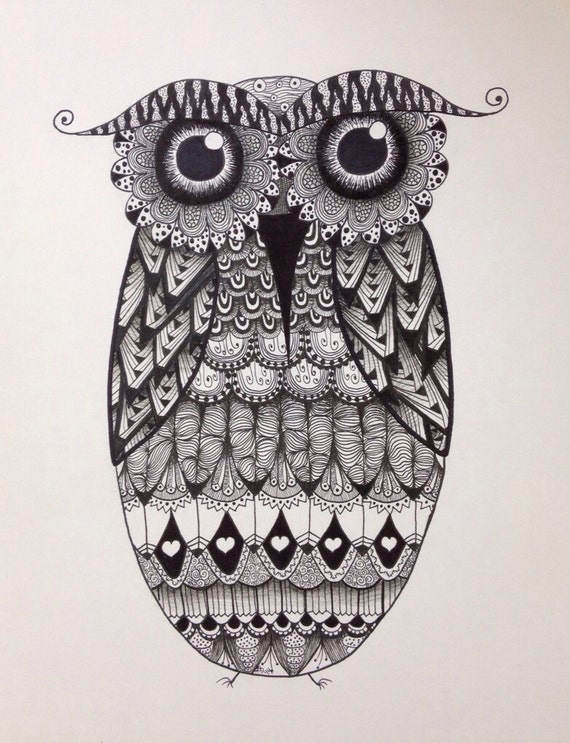Zentangle owl art / 8 X 10 / graphic print / by SleepyEyeStudio