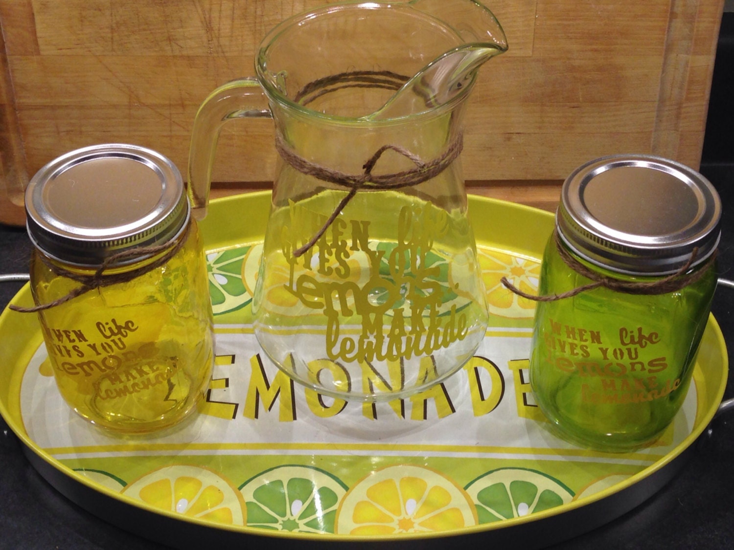 Lemonade pitcher with mason jars and tray summer fun