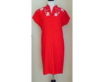 Red linen dress with cut out lace detail