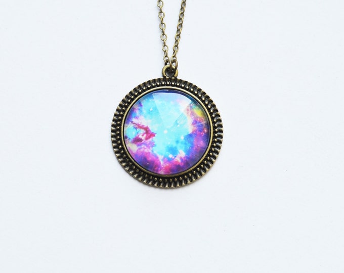 GALAXY Round pendant metal brass with the image of the space under the glass