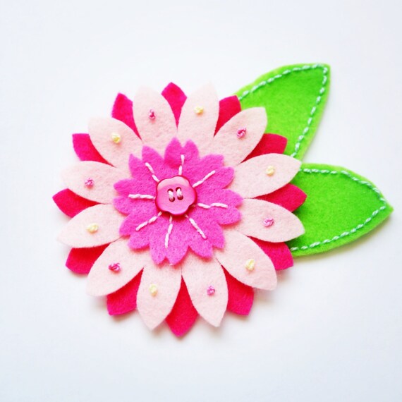 Items similar to Pink Felt Flower Embroidered Hair Clip Baby Girl