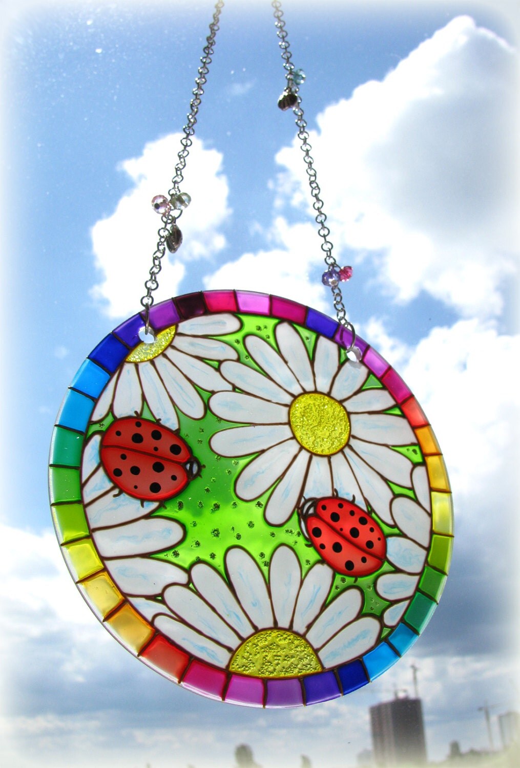 Suncatcher Ladybugs on Daisies Hand Painted Glass Painting