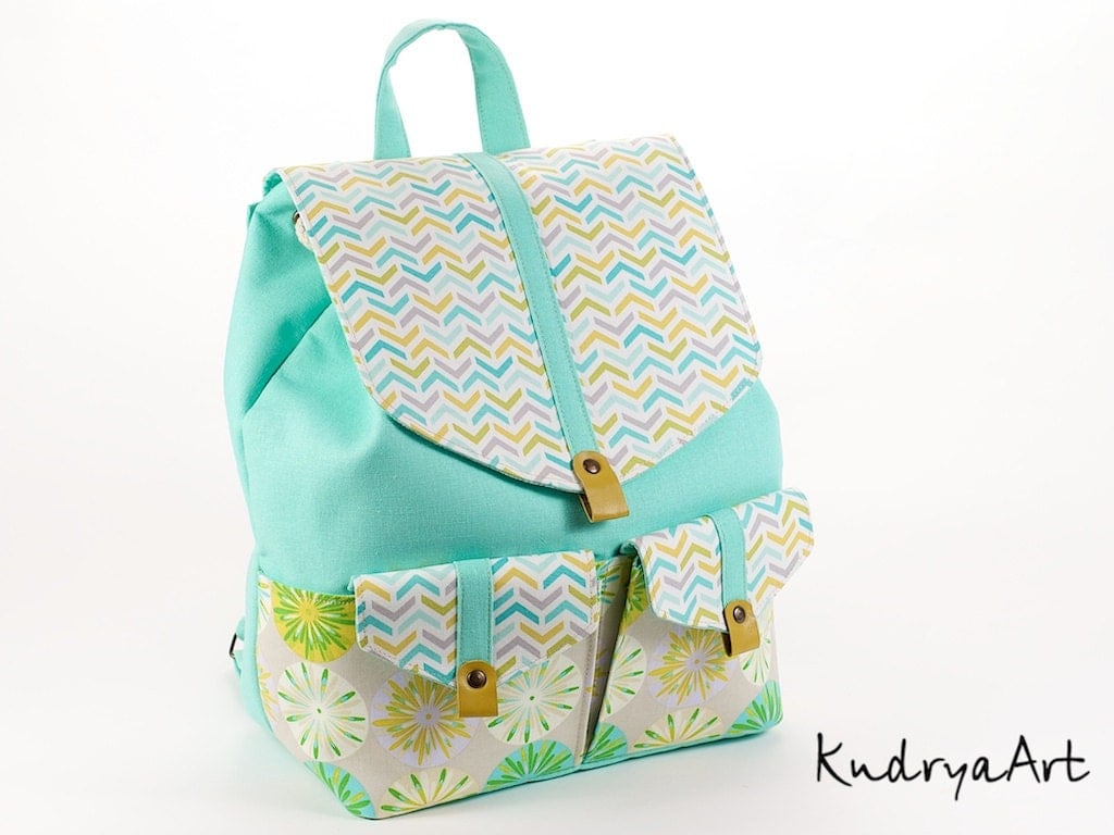 Fabric backpack with bright chevron print. Turquoise Lint and
