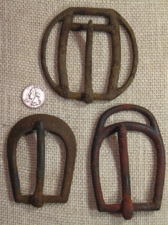 Three 19th Century Iron Horse Tack Buckles Old Large Iron