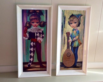 Big Eyed Boy and Girl Art by Eden in Original Plastic Frames 1960