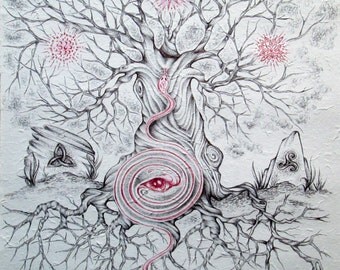Axis Mundi - Drawing in black and red ink on rice paper.
