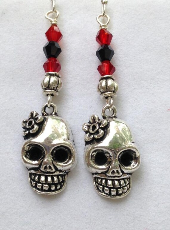 Silver Skull Earrings Black and Red Earrings Crystal Skull