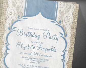 Blue and White Vintage Lace Birthday Party invites