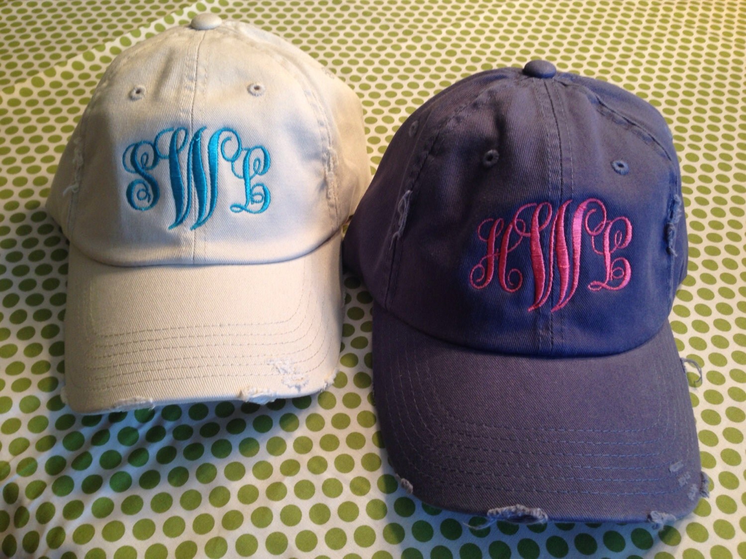 Distressed ball cap with custom monogrammed initials